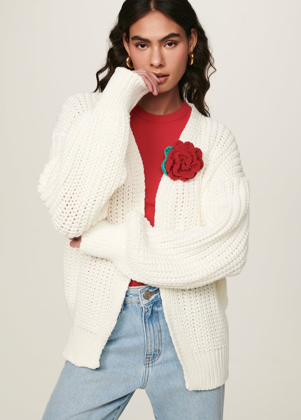 Virginia Floral-Applique Knit Cardigan in Off White