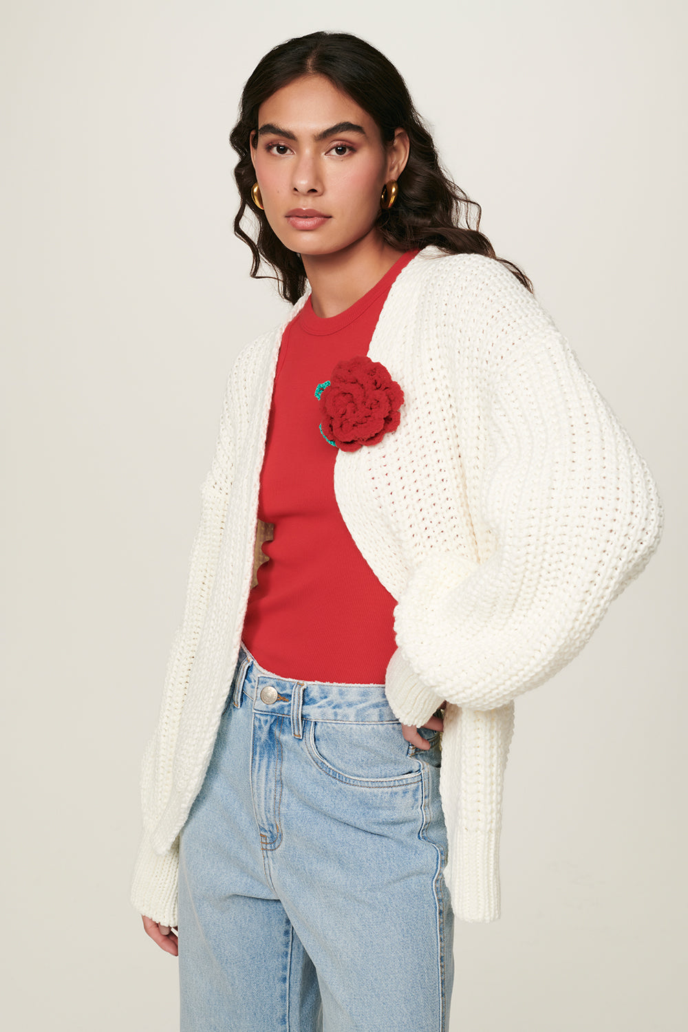 Virginia Floral-Applique Knit Cardigan in Off White