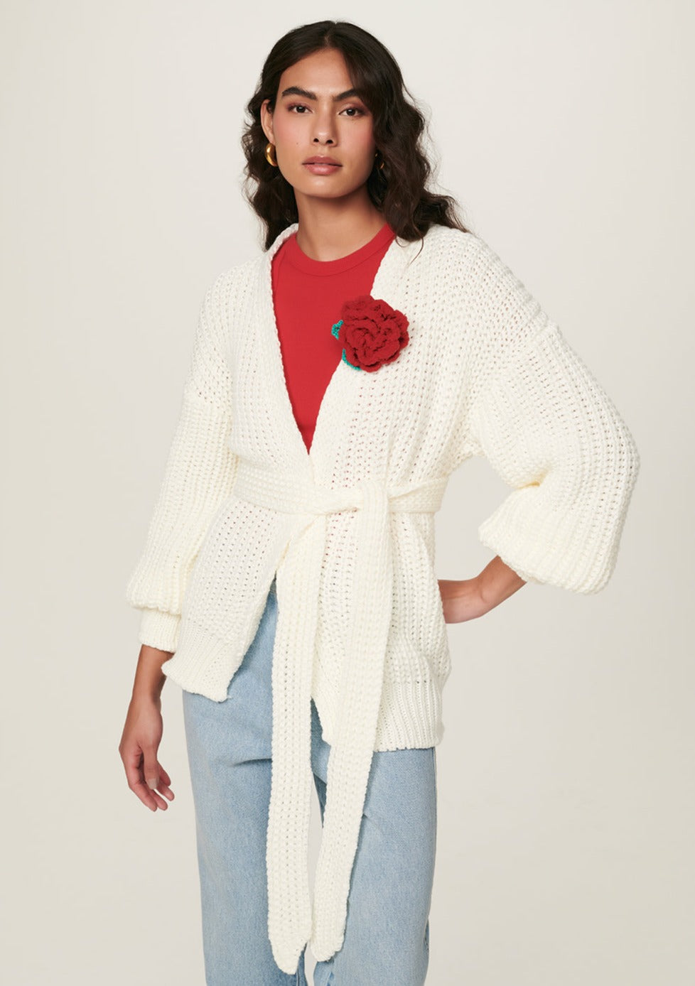 Virginia Floral-Applique Knit Cardigan in Off White