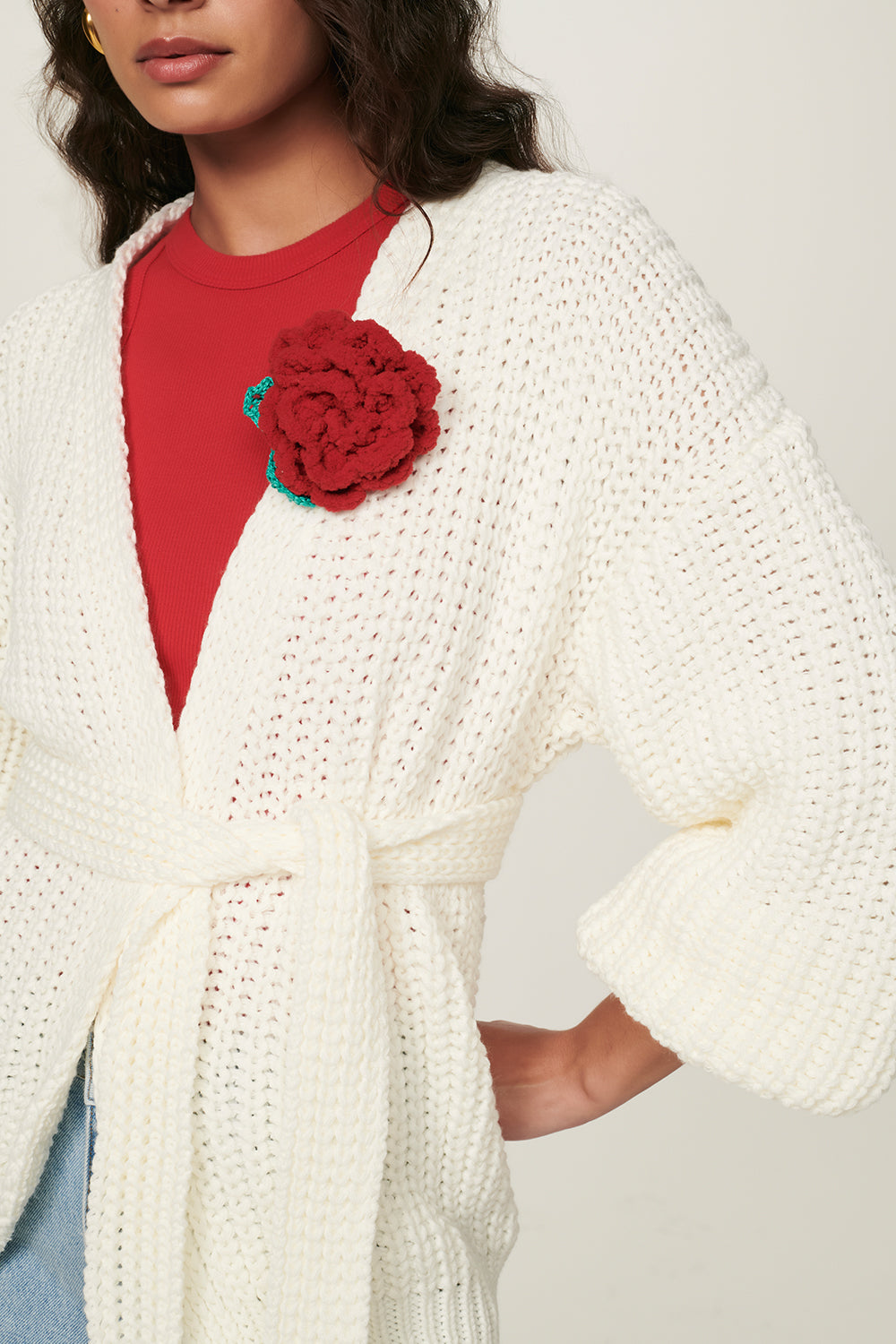 Virginia Floral-Applique Knit Cardigan in Off White