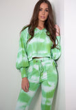 Handmade Tie Dye Ribbed Puffed Sleeve Hoodie Loungewear 2 Piece Set - Green