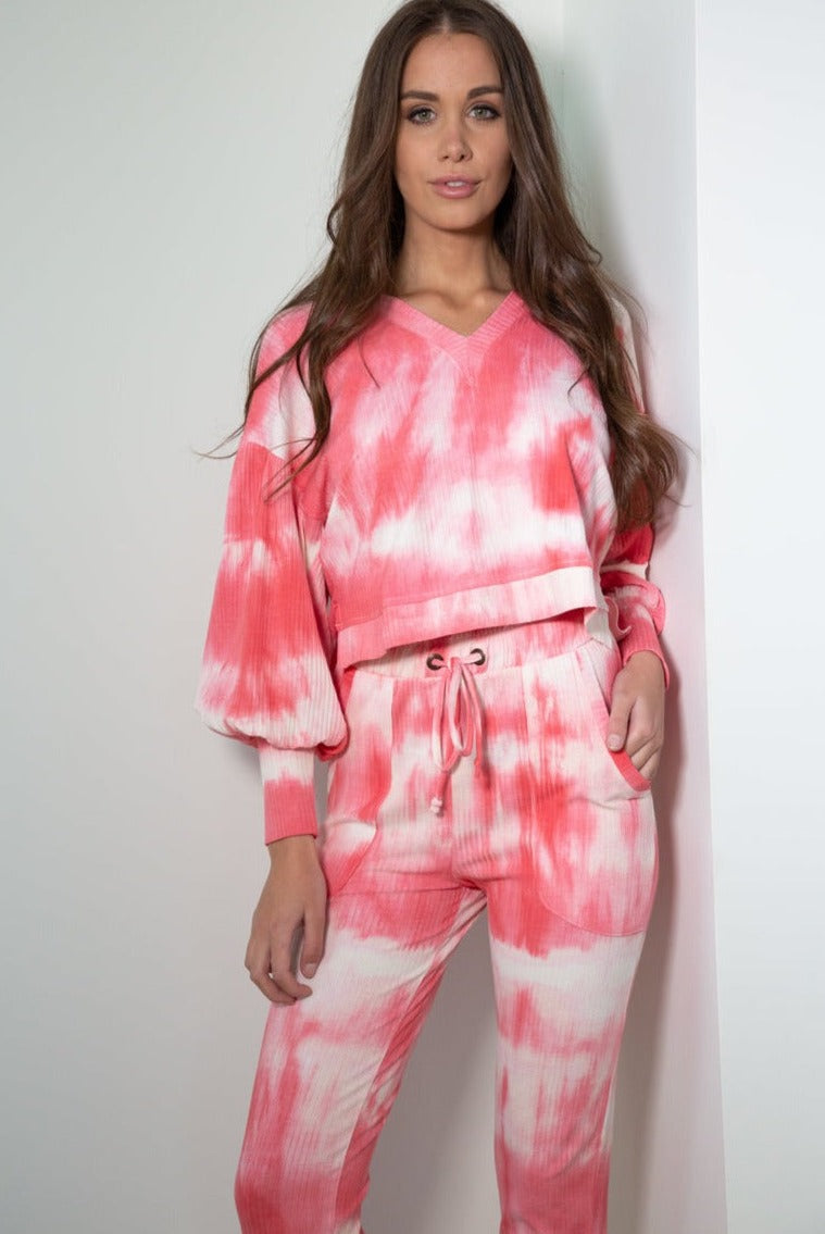 Handmade Tie Dye Puffed Sleeve Hoodie Loungewear 2 Piece Set in Pink