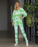 Handmade Tie Dye Ribbed Puffed Sleeve Hoodie Loungewear 2 Piece Set - Green