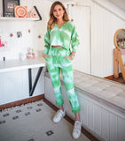 Handmade Tie Dye Ribbed Puffed Sleeve Hoodie Loungewear 2 Piece Set - Green