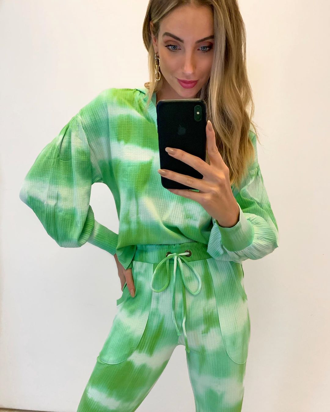 Handmade Tie Dye Ribbed Puffed Sleeve Hoodie Loungewear 2 Piece Set - Green