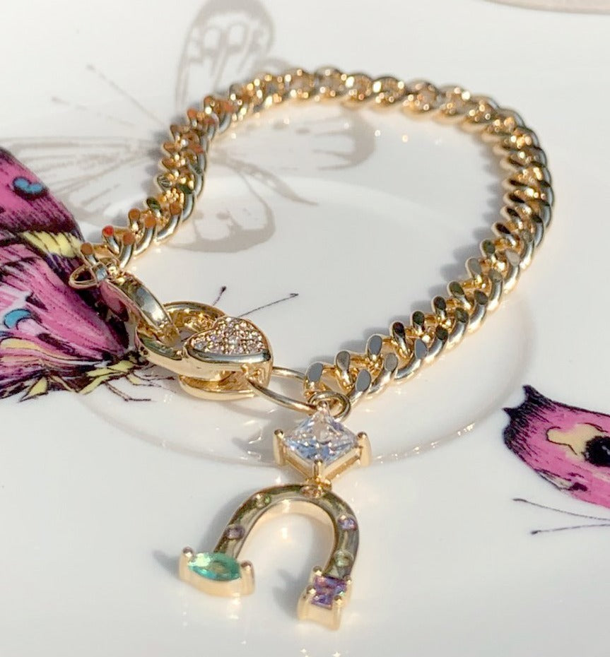 Horseshoe Heart Padlock Bracelet 18k Gold Plated