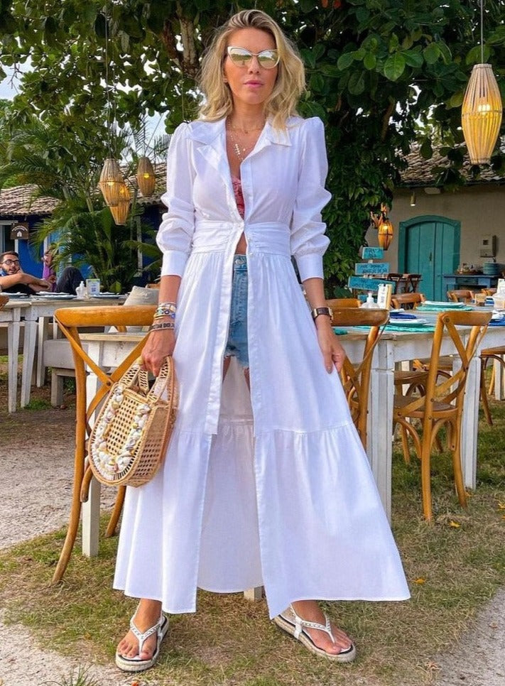 Kiara Cotton Maxi Shirt Dress in White