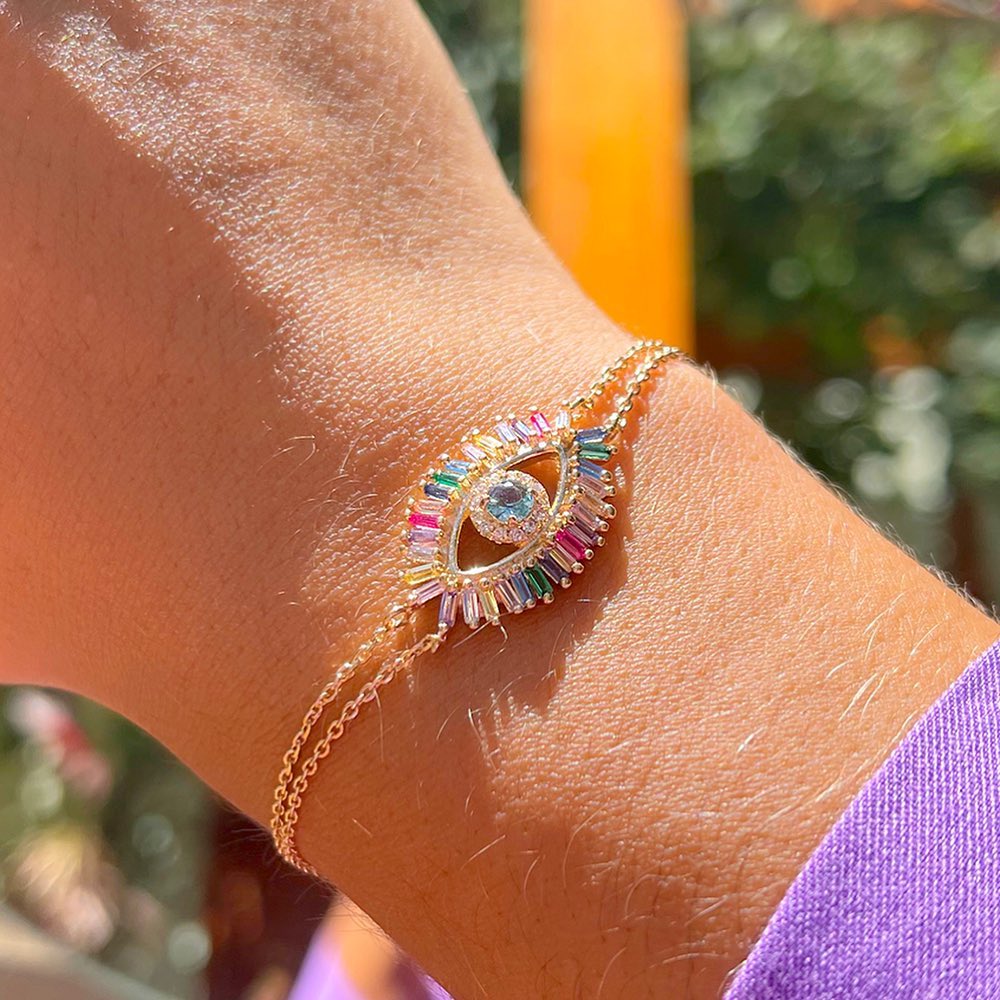 Blue Topaz Evil Eye Bracelet 18k Gold Plated