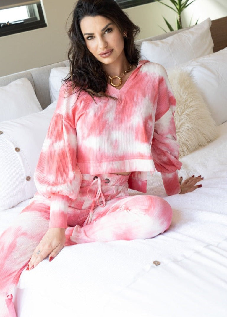 Handmade Tie Dye Puffed Sleeve Hoodie Loungewear 2 Piece Set in Pink