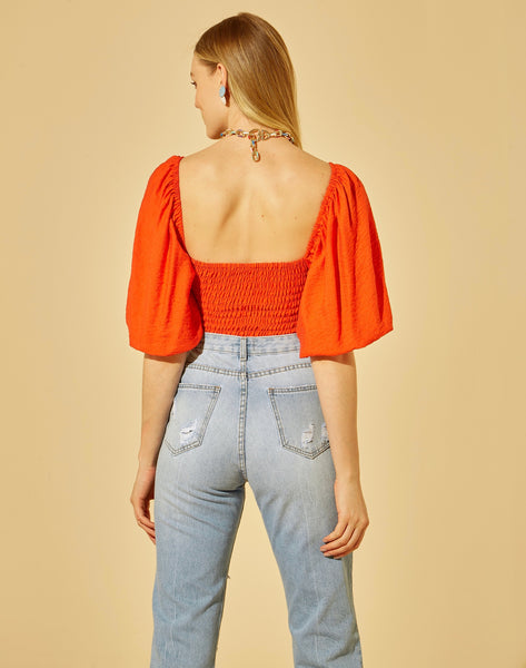 Claudia Puff Sleeve Top in Orange Brazilian Leaves Fashion