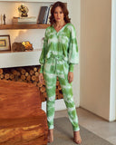 Handmade Tie Dye Ribbed Puffed Sleeve Hoodie Loungewear 2 Piece Set - Green