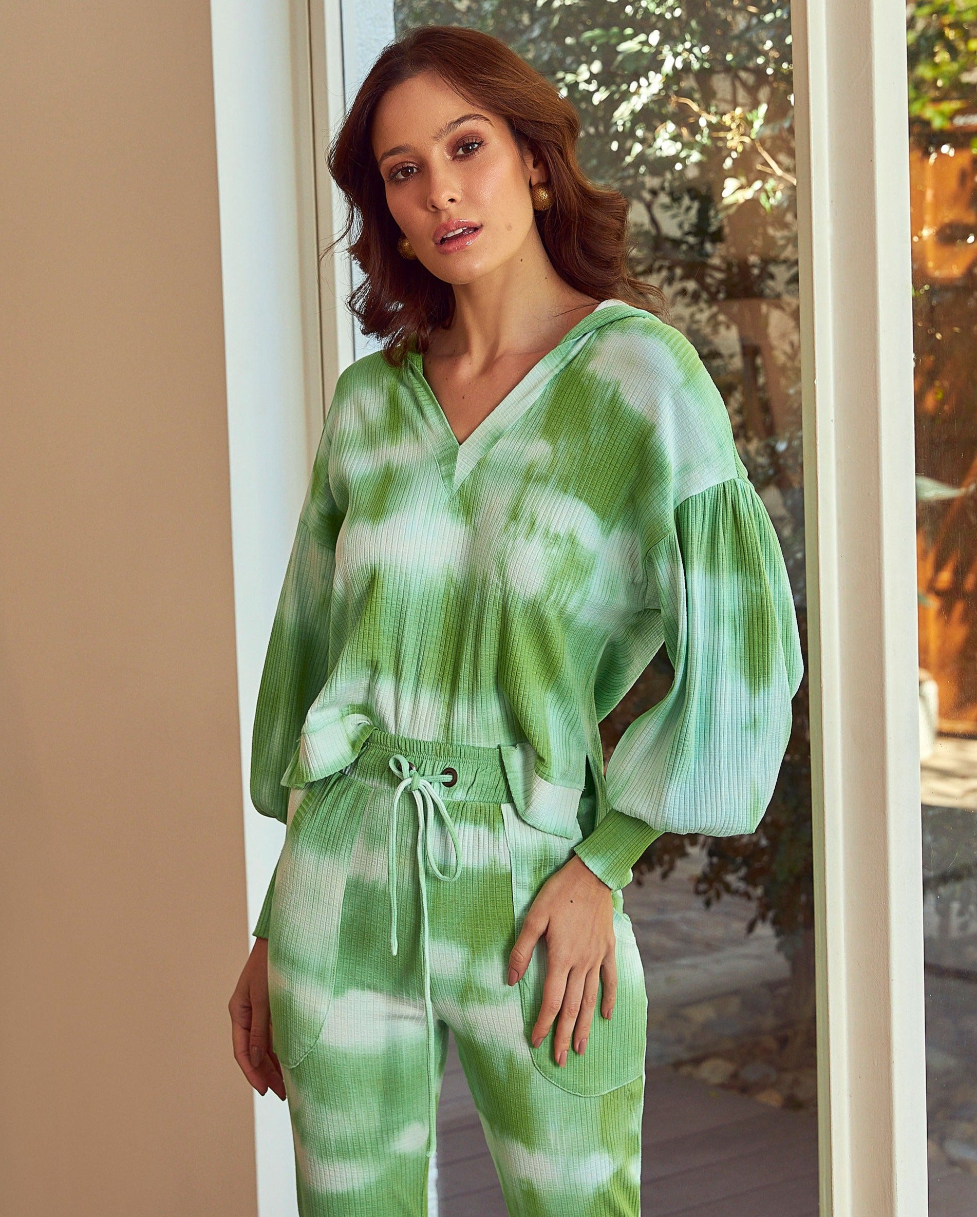 Handmade Tie Dye Ribbed Puffed Sleeve Hoodie Loungewear 2 Piece Set - Green