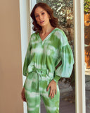 Handmade Tie Dye Ribbed Puffed Sleeve Hoodie Loungewear 2 Piece Set - Green