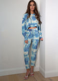 Handmade Tie Dye Ribbed Puffed Sleeve Hoodie Loungewear 2 Piece Set - Blue