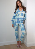 Handmade Tie Dye Ribbed Puffed Sleeve Hoodie Loungewear 2 Piece Set - Blue