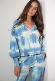 Handmade Tie Dye Ribbed Puffed Sleeve Hoodie Loungewear 2 Piece Set - Blue