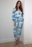 Handmade Tie Dye Ribbed Puffed Sleeve Hoodie Loungewear 2 Piece Set - Blue