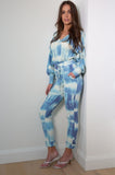 Handmade Tie Dye Ribbed Puffed Sleeve Hoodie Loungewear 2 Piece Set - Blue