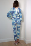 Handmade Tie Dye Ribbed Puffed Sleeve Hoodie Loungewear 2 Piece Set - Blue