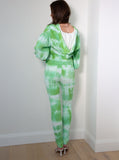 Handmade Tie Dye Ribbed Puffed Sleeve Hoodie Loungewear 2 Piece Set - Green