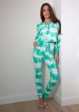 Handmade Tie Dye Puffed Sleeve Hoodie Loungewear 2 Piece Set in Aqua