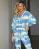 Handmade Tie Dye Ribbed Puffed Sleeve Hoodie Loungewear 2 Piece Set - Blue