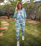 Handmade Tie Dye Ribbed Puffed Sleeve Hoodie Loungewear 2 Piece Set - Blue