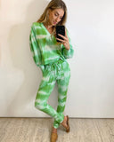 Handmade Tie Dye Ribbed Puffed Sleeve Hoodie Loungewear 2 Piece Set - Green