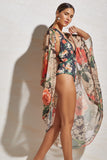 Bodysuit Floral Print With Back Cream Rope Crochet