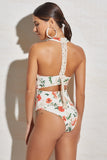 Bodysuit Floral Print With Back Cream Rope Crochet