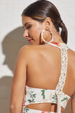 Bodysuit Floral Print With Back Cream Rope Crochet