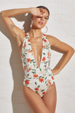 Bodysuit Floral Print With Back Cream Rope Crochet