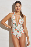 Bodysuit Floral Print With Back Cream Rope Crochet