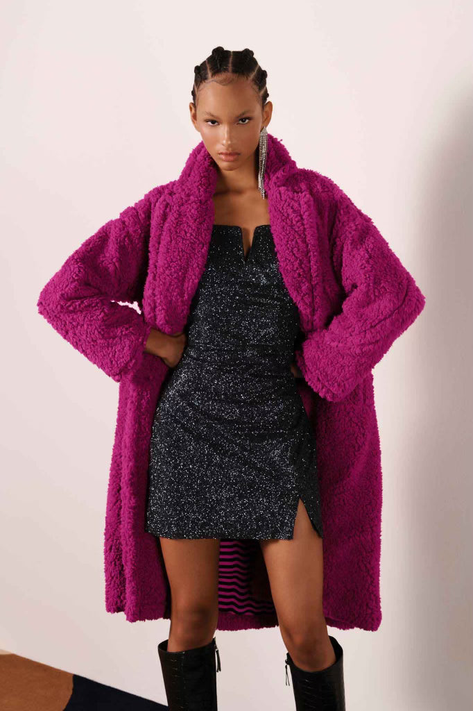 Oversized Longline Teddy Coat in Pink Orchid Brazilian Leaves