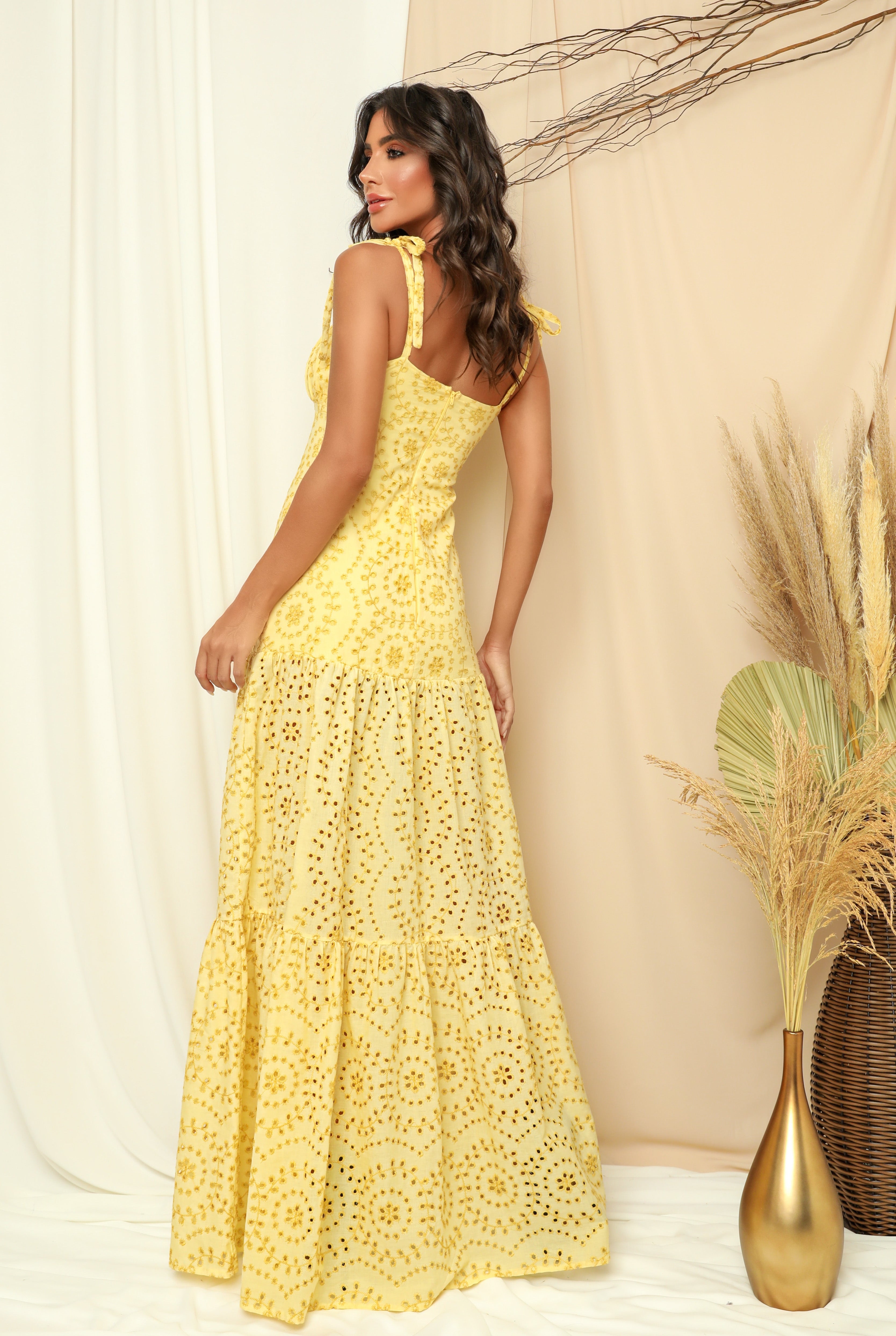 Yellow Patchwork Lace Maxi Dress Brazilian Leaves Fashion Yellow Patchwork Lace Maxi Dress Brazilian Leaves Fashion