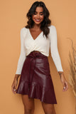 Faux Leather Mini Skirt in Sangria With Ruffle