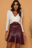 Faux Leather Mini Skirt in Sangria With Ruffle