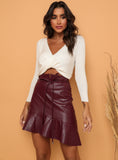 Faux Leather Mini Skirt in Sangria With Ruffle