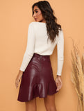 Faux Leather Mini Skirt in Sangria With Ruffle