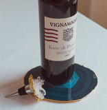 Clear Quartz Wine Stopper & Blue Agate Bottle Coaster Gift Set