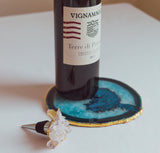 Clear Quartz Wine Stopper & Blue Agate Bottle Coaster Gift Set