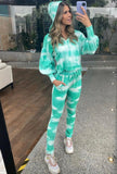 Handmade Tie Dye Puffed Sleeve Hoodie Loungewear 2 Piece Set in Aqua