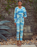 Handmade Tie Dye Ribbed Puffed Sleeve Hoodie Loungewear 2 Piece Set - Blue