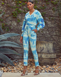 Handmade Tie Dye Ribbed Puffed Sleeve Hoodie Loungewear 2 Piece Set - Blue