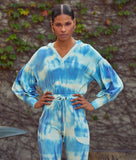 Handmade Tie Dye Ribbed Puffed Sleeve Hoodie Loungewear 2 Piece Set - Blue